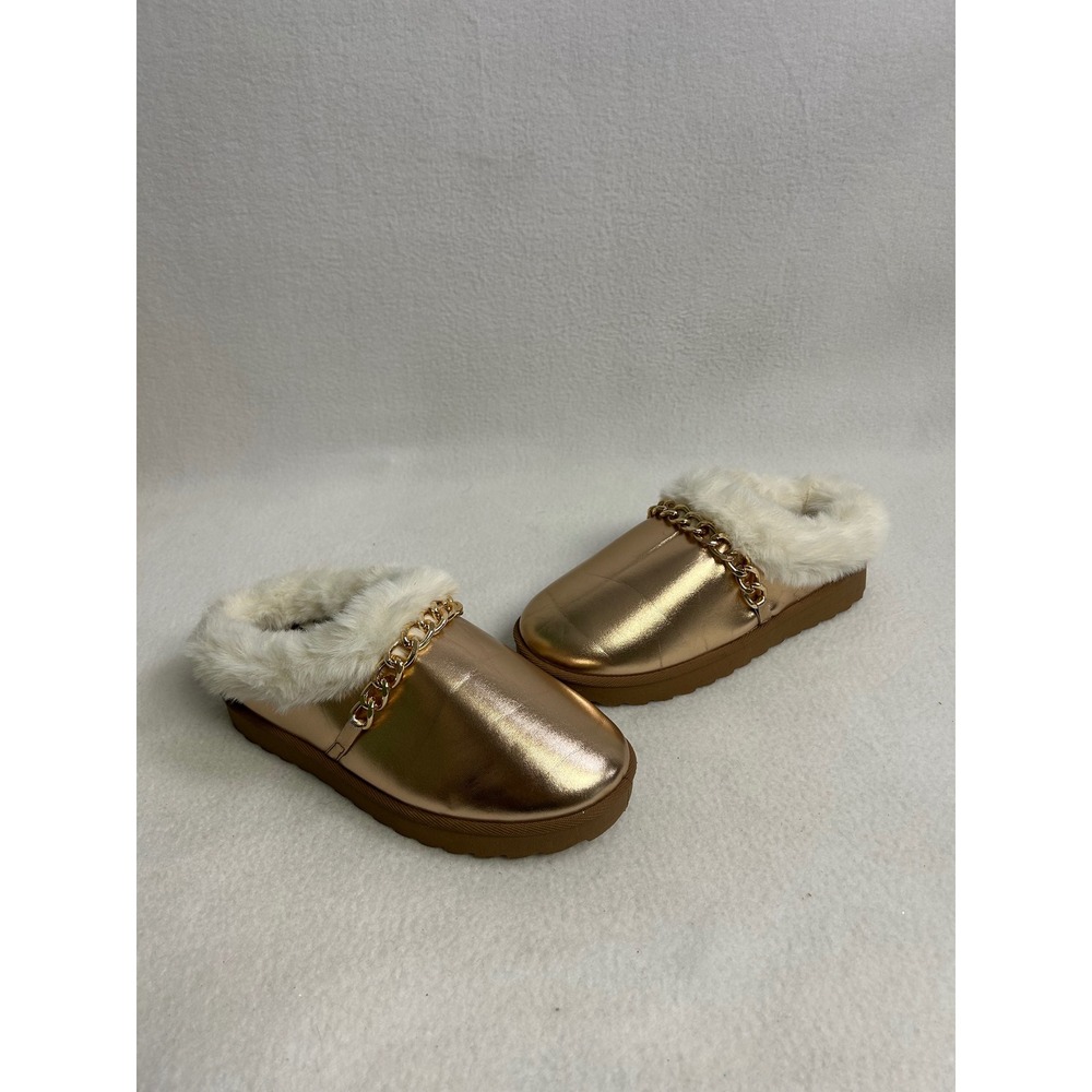 Glam Metallic Jessica Carlyle Womens 7 Rose Gold Chain Faux Fur Slipper Mules